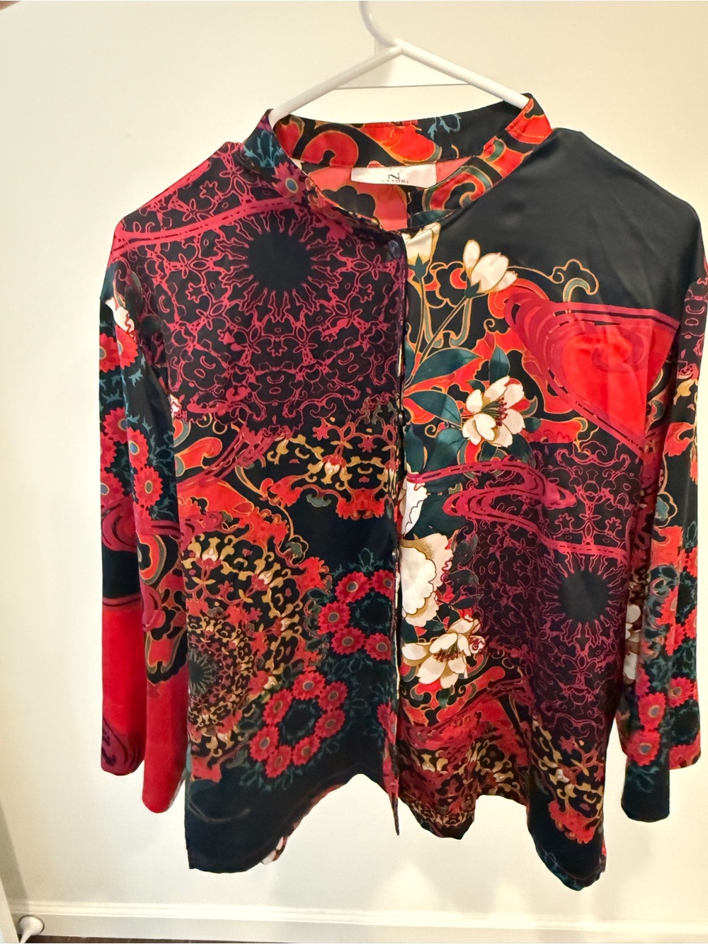 Natori Floral Patchwork Silk Jacket - Red, Black, Cream